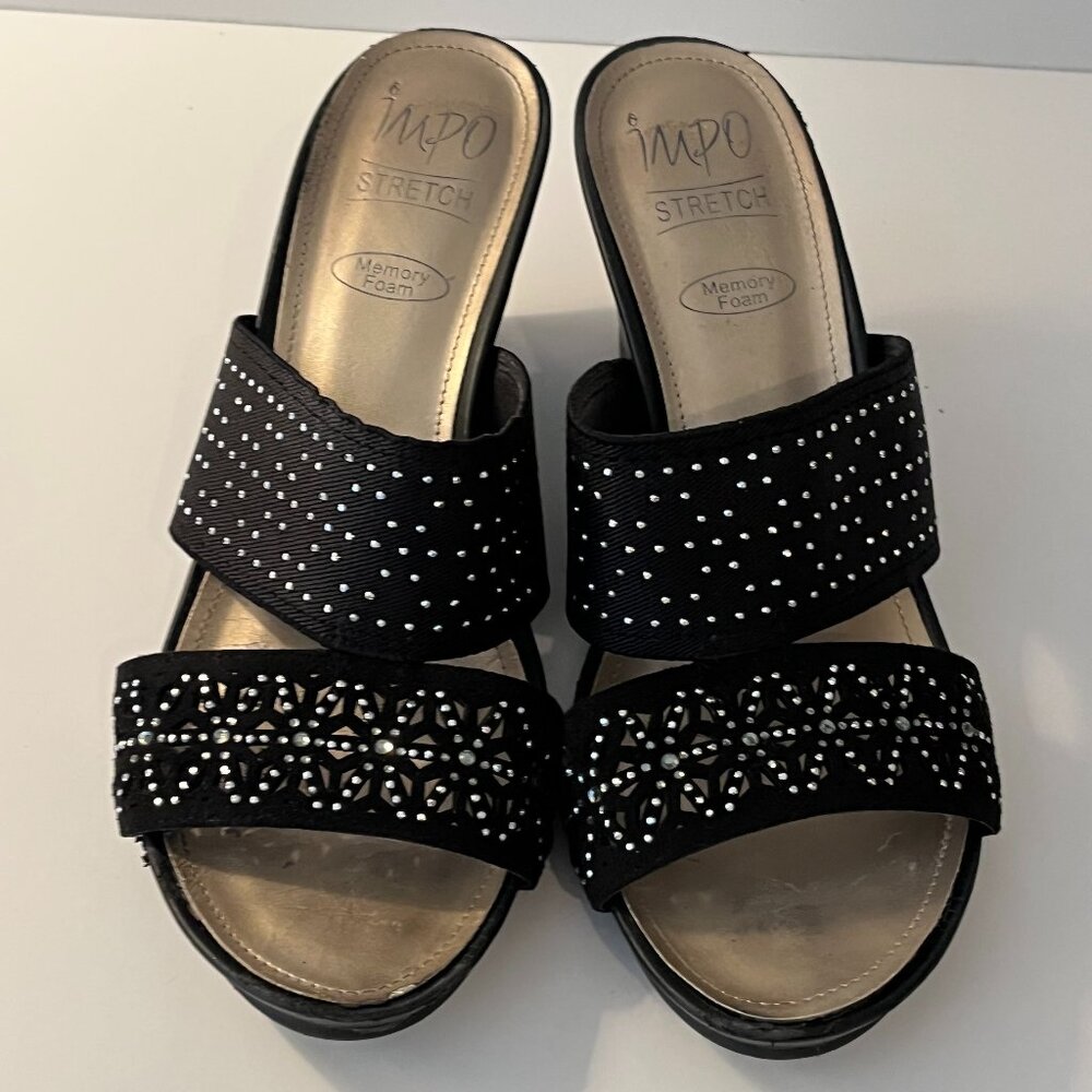 Impo Stretch Vertie Black Slip On Wedge Sandals Rhinestone Embellished Size 9.5M